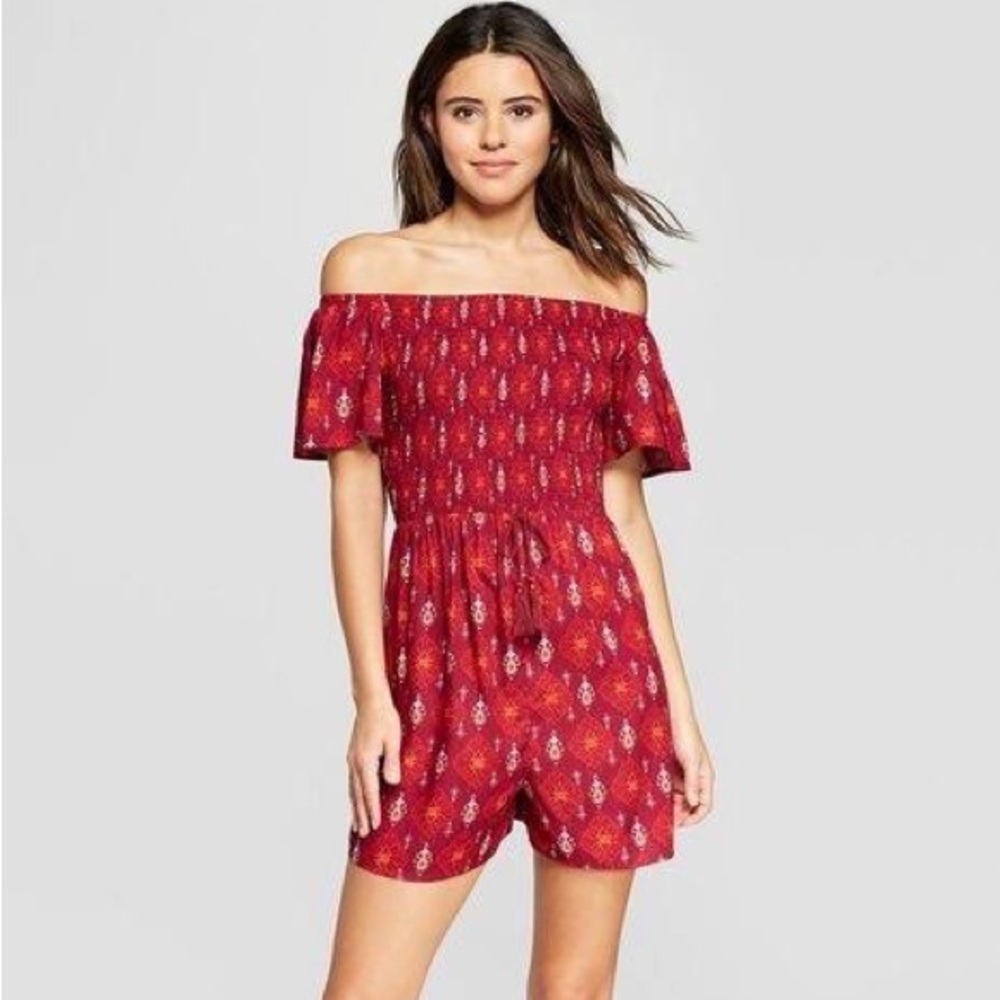 Xhilaration Red Pattern Off Shoulder Romper